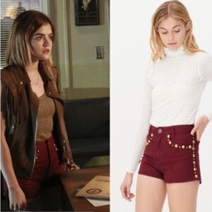 SANDRO Pichi Burgundy Studded Distressed Denim Shorts